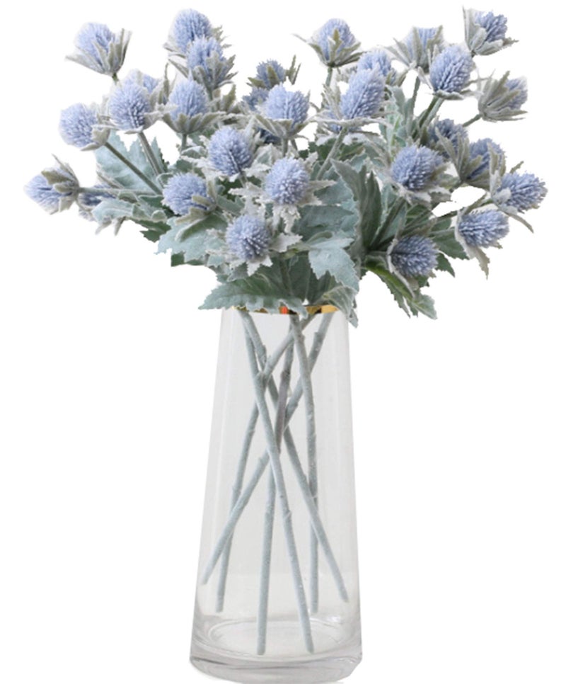 TBUY ROSE 3 Pack Artificial Thistle Flowers Eryngiums Faux Plants Floral Tree Picks Christmas Greenery Picks and Sprays for Garden Wedding Prom Party Bouquet Floral Arrangement (Blue) - Image 1